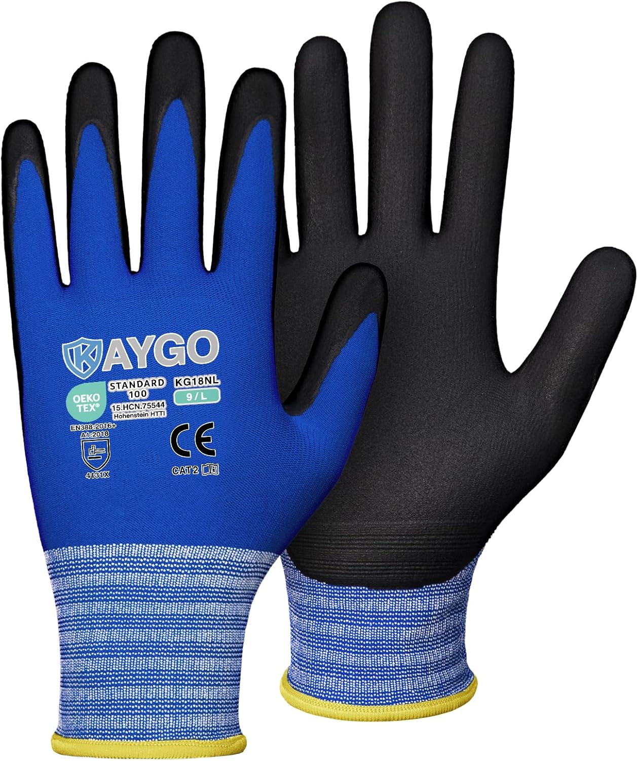 KAYGO Safety Work Gloves MicroFoam Nitrile Coated, 3 Pairs KG18NB,Seamless Knit Nylon Glove with full fingers Touchscreen, Ideal for Automotive,Warehouse,Construction (Large, Blue)
