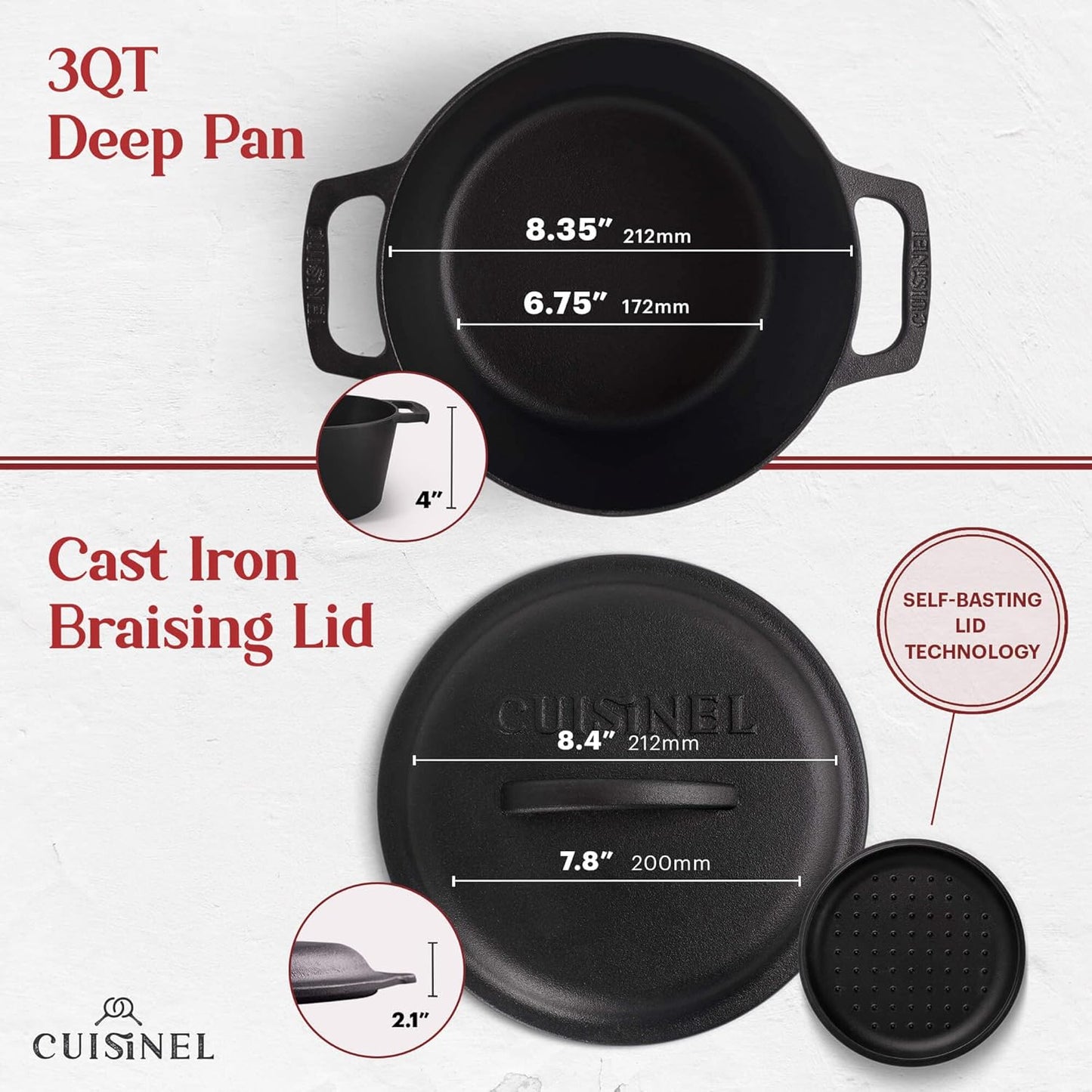 Cuisinel Cast Iron Dutch Oven - 3-Quart Deep Pot + Lid + Pan Scraper + Handle Covers - Large Pre-Seasoned Cooker for Baking Bread, Soup, Frying - Indoor/Outdoor Kitchen, Camping, Fire, BBQ Cookware
