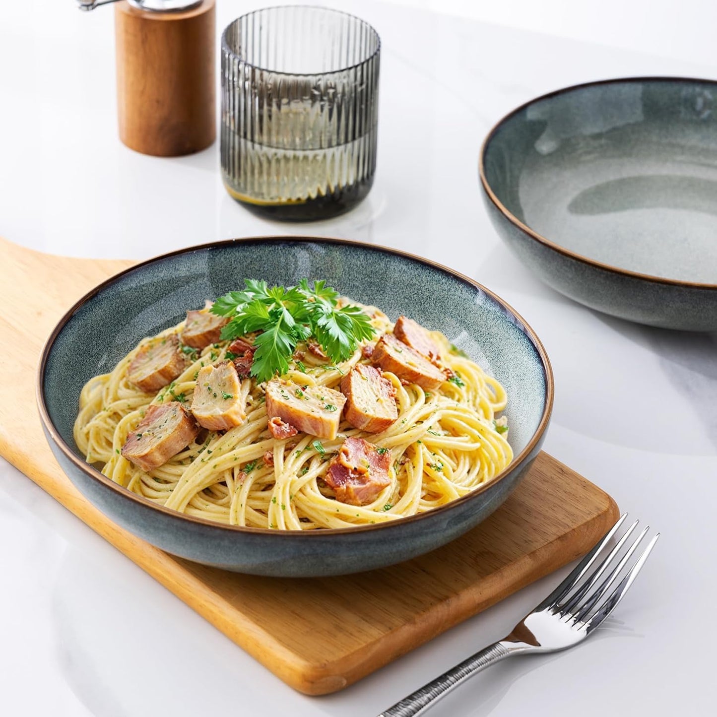 AmorArc 8.5'' Large Ceramic Pasta Bowls, 36oz Stoneware Pasta Serving Bowls Set of 4 for Kitchen, Wide Bowls for Pasta,Salad,Oatmeal, Microwave Safe, Reactive Glaze-Ocean