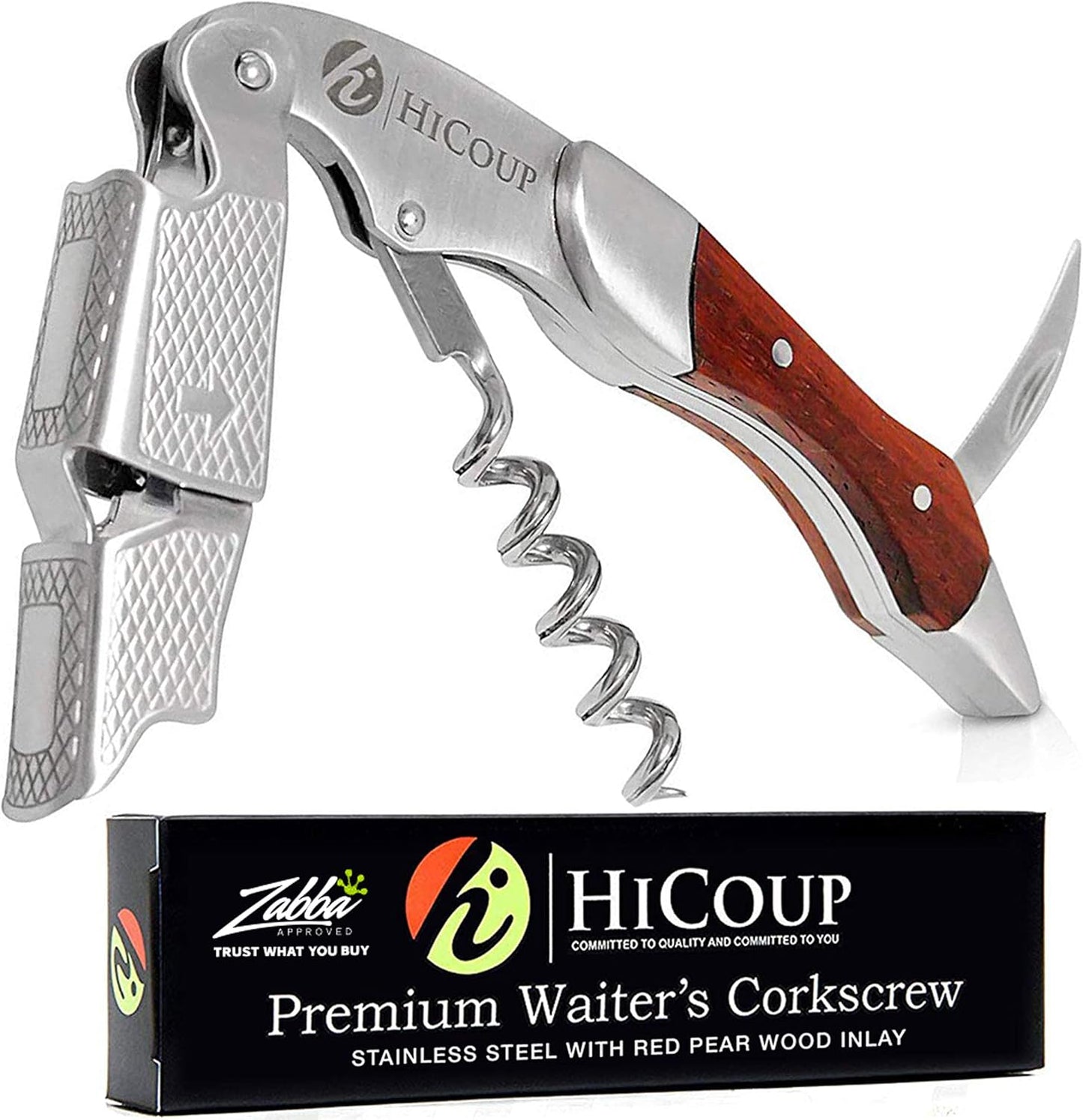 Hicoup Wine Opener - Professional Corkscrews for Wine Bottles w/Foil Cutter and Cap Remover - Manual Wine Key for Servers, Waiters, Bartenders and Home Use - Stainless Steel With Red Pear Wood Inlay