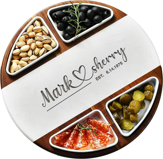 Shanik Upgraded Lazy Susan Cheese Cutting Board Set - Round Acacia Charcuterie Board With 4 Ceramic Bowls - Wedding Gifts - Cheese Serving Platter - Bridal Shower