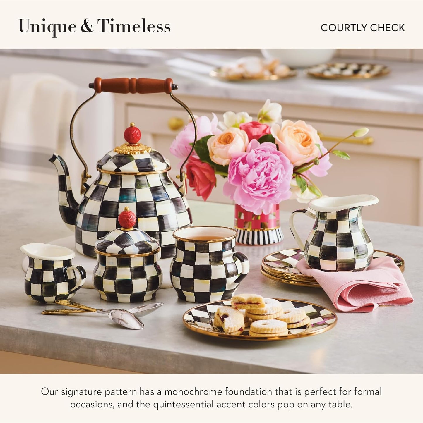 MACKENZIE-CHILDS Enamel Creamer, Creamer Dispenser with Pour Spout, Kitchen Enamelware, 14-Ounce Capacity, Black-and-White Courtly Check