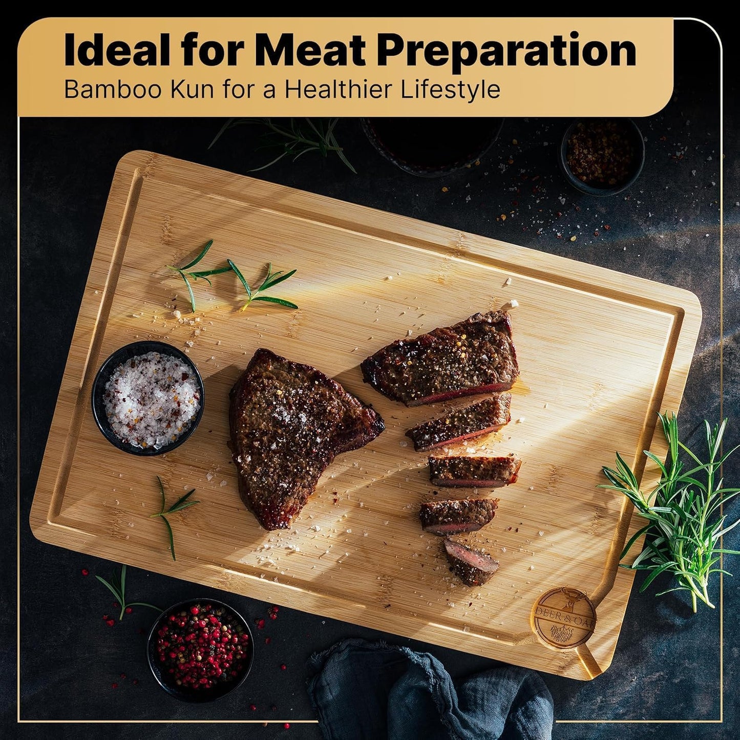 Deer & Oak Premium Extra Large Bamboo Cutting Board - 17.3" x 11.8" x 0.8" Wooden Chopping Board for Meat and Vegetables, Pre-Oiled, Water Resistant, Knife Friendly