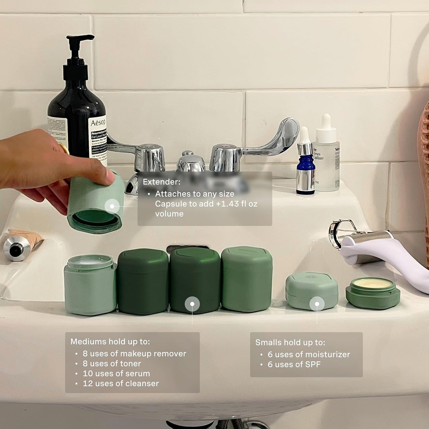 Cadence Travel Containers - Full Skincare Set - Magnetic Containers with Lids,Carry On Travel Essentials For Women/Men - 2 Small (0.56oz), 4 Medium Capsules (1.32oz), & Extender (1.43oz) - Evergreen