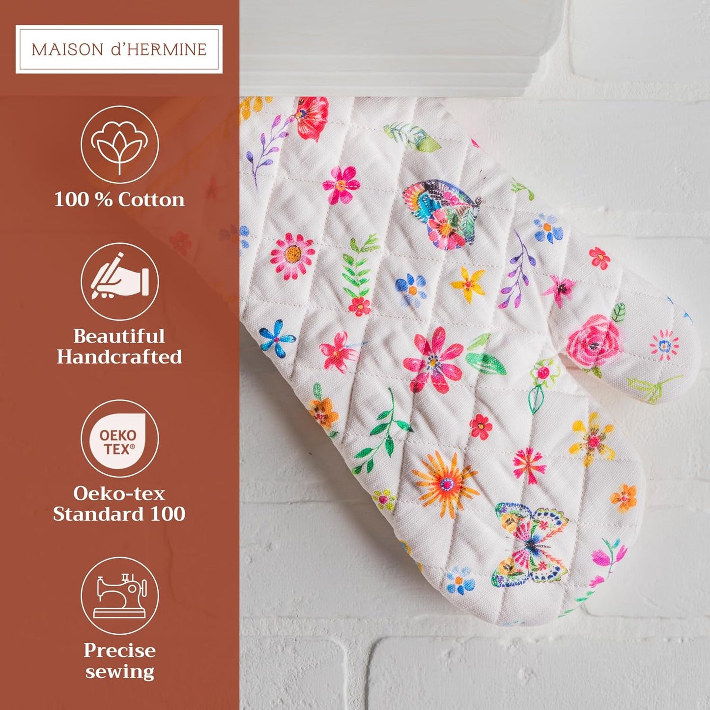 Maison d' Hermine Oven Gloves 100% Cotton Oven Mitt 7" x 13" with Loop Heat Resistant, BBQ, Cooking Gloves, Grilling, Kitchen, Handling Hot Pans Spring/Summer (Pack of 1, Happy Florals - Sweety)