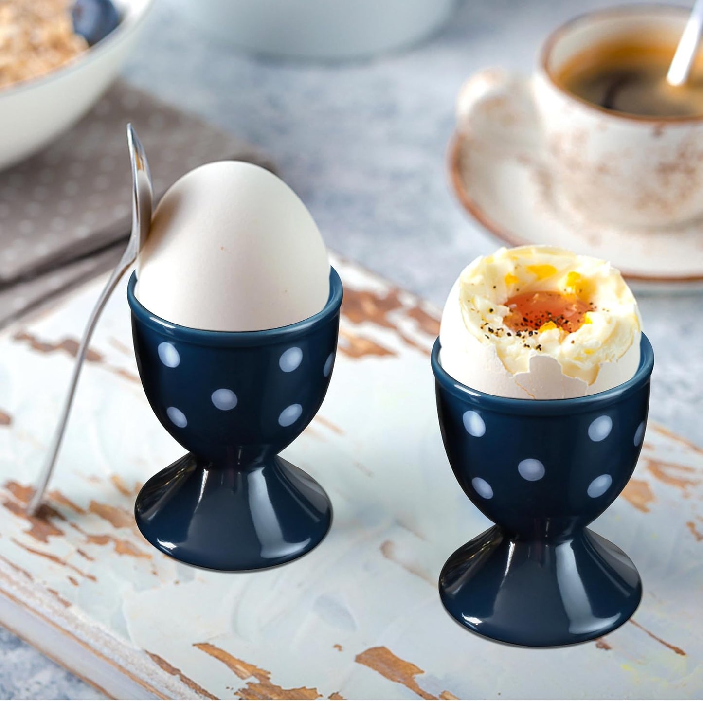 Cinf Easter Ceramic Egg Cup Blue Set of 2 Porcelain Holder Breakfast Boiled Cooking Easy to Clean Childhood Memories Kitchen