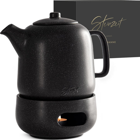Steinzeit Design Tea Pot with Warmer (44 oz) - Premium Ceramic Teapot with Infuser for Loose Tea - Black Teapot Ceramic with Removable Steamer