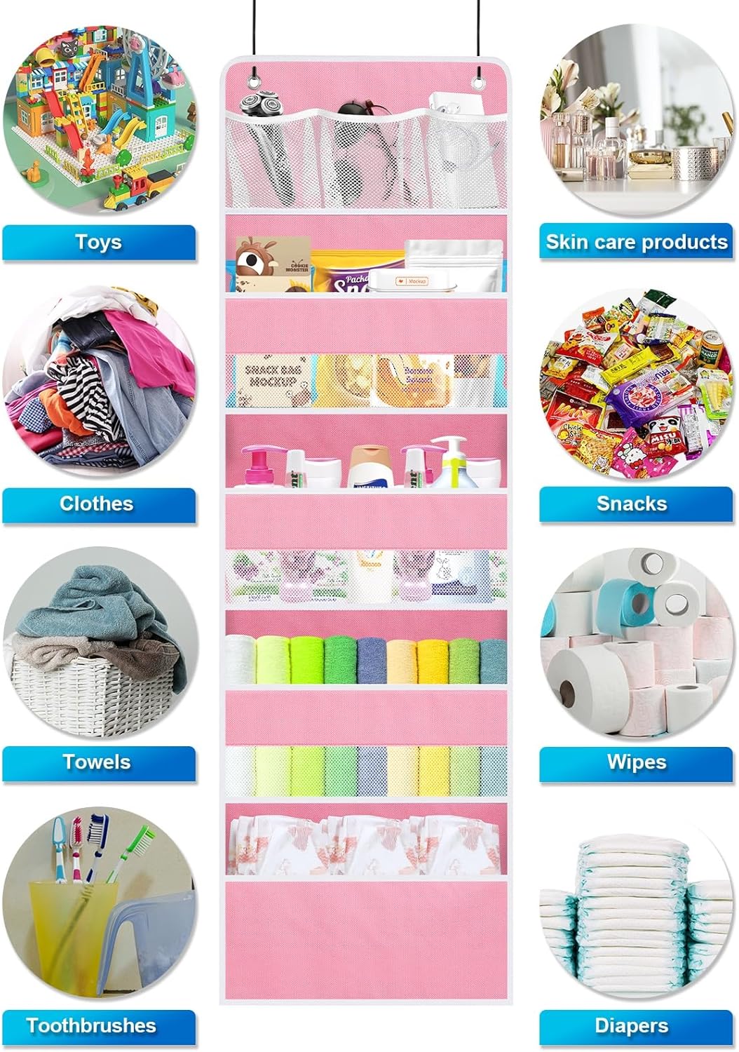 2 Pack Over The Door Organizer, Hanging Storage Organization with Large Capacity Pockets, Swing-Proof Behind Door Storage Shelf for Kicthen Bedroom Nursery Kids Toys Shoes,Pink