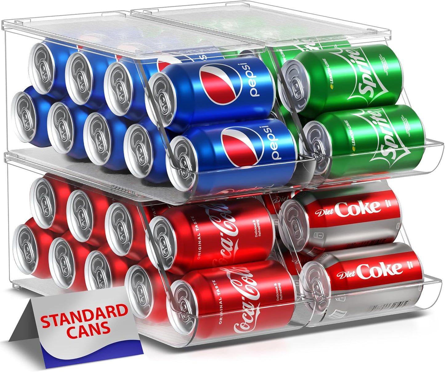 Sorbus Soda Can Organizer for Refrigerator - Stackable Can Holder Dispenser with Lid for Fridge, Pantry, Freezer – Holds 9 Cans Each, BPA-Free, Clear Design, Drink Organizer for Fridge (4-Pack)