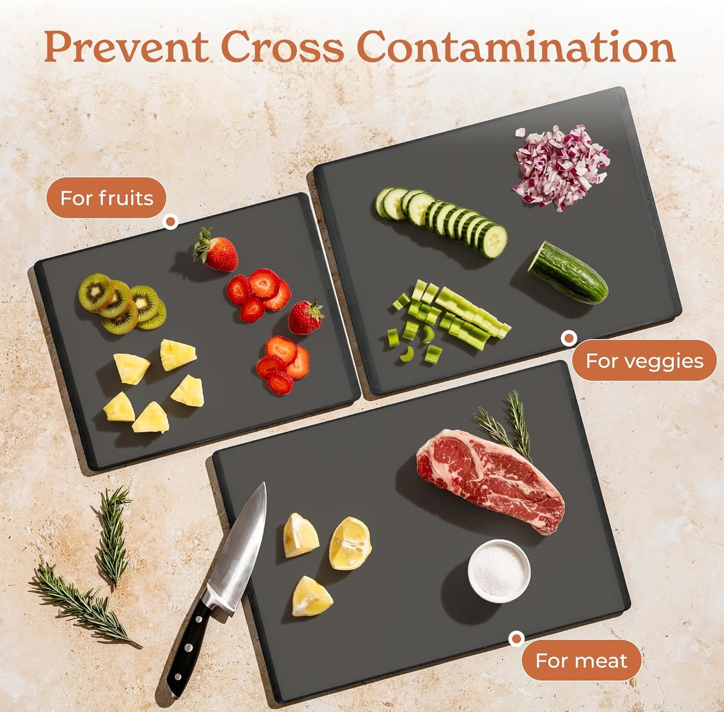 SMIRLY Plastic Cutting Board Set 3 Pieces, Non-Slip Dishwasher Safe Chopping Boards for Kitchen, Dark Grey