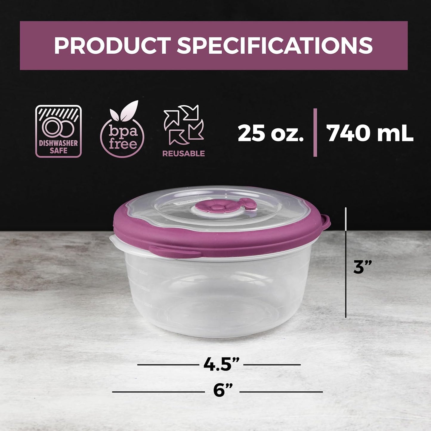 Tribello 3.1 Cup Plastic Bowls Food Storage Container With Lid For Leftovers, Meal Prep, Microwave/Dishwasher Safe, Steam Vent/Air-Tight Lid, For Soup Freezer Storage Set - 25 Oz - 6 Piece Set