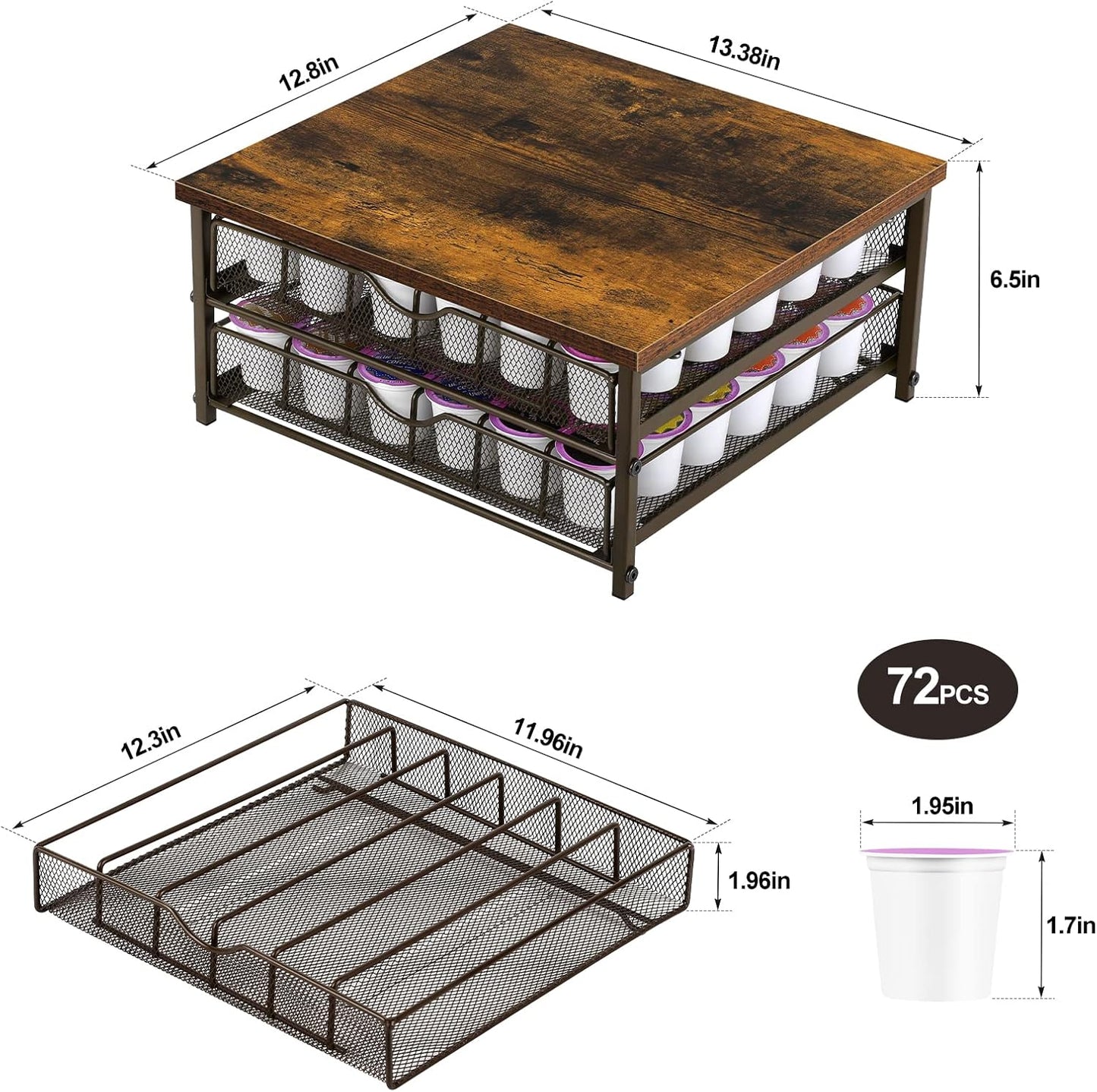 Coffee Pod Drawer Holder Coffee Pod Storage Organizer for Counter 2 Tier Coffee Pod Holder 72 Capacity Capsule Storage Rack with Sliding Baskets for Home Office (Brown)