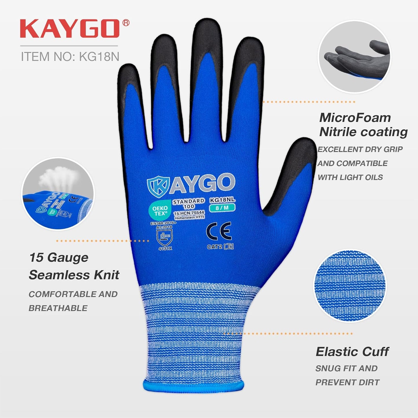 KAYGO Safety Work Gloves MicroFoam Nitrile Coated, 3 Pairs KG18NB,Seamless Knit Nylon Glove with full fingers Touchscreen, Ideal for Automotive,Warehouse,Construction (Large, Blue)