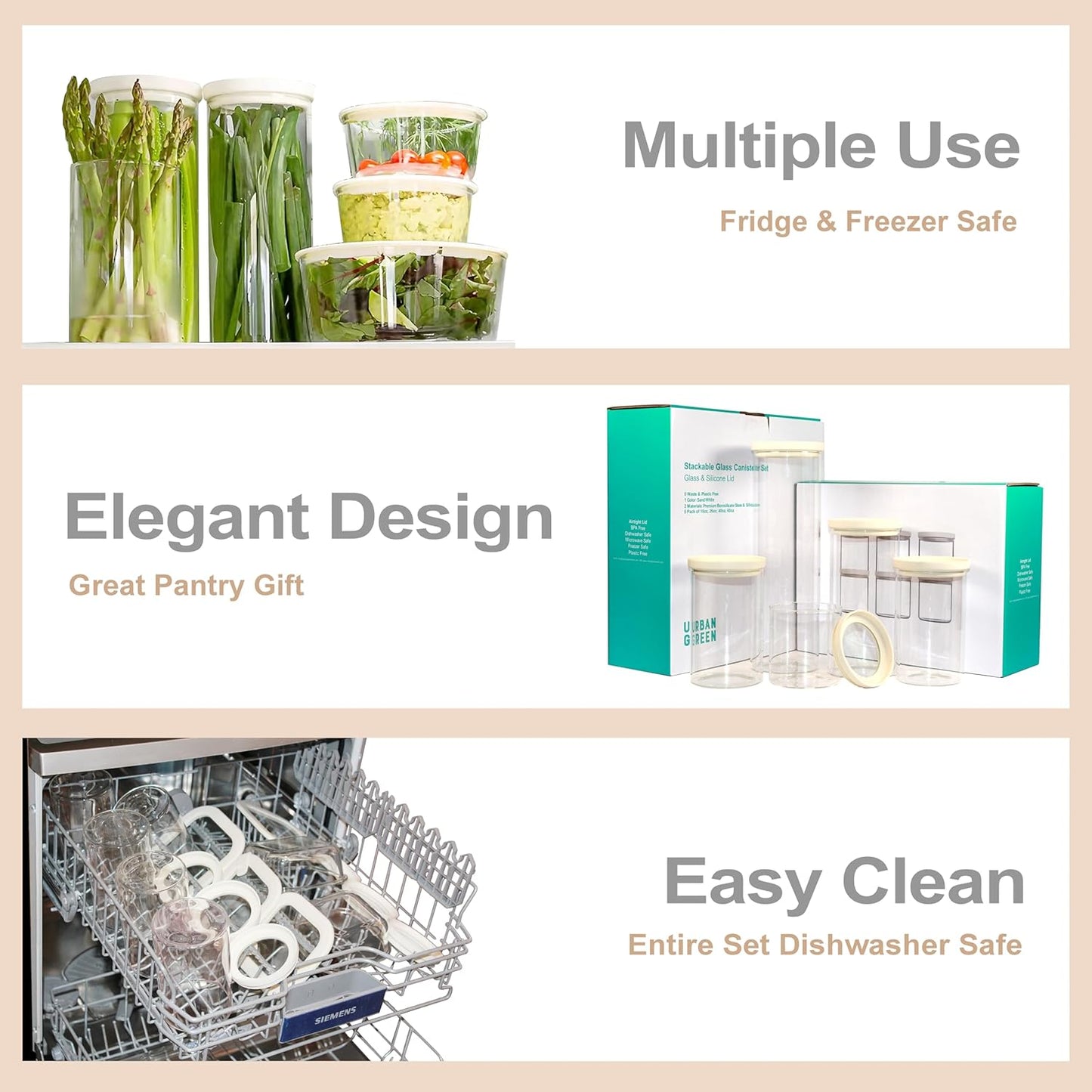 Urban Green Glass Food Storage Jar with Glass Lid, Food Canister Set with Airtight Lids, Pantry Storage Jar for Kitchen Organization. Food Storage Containers in Pack of 6, 16oz.