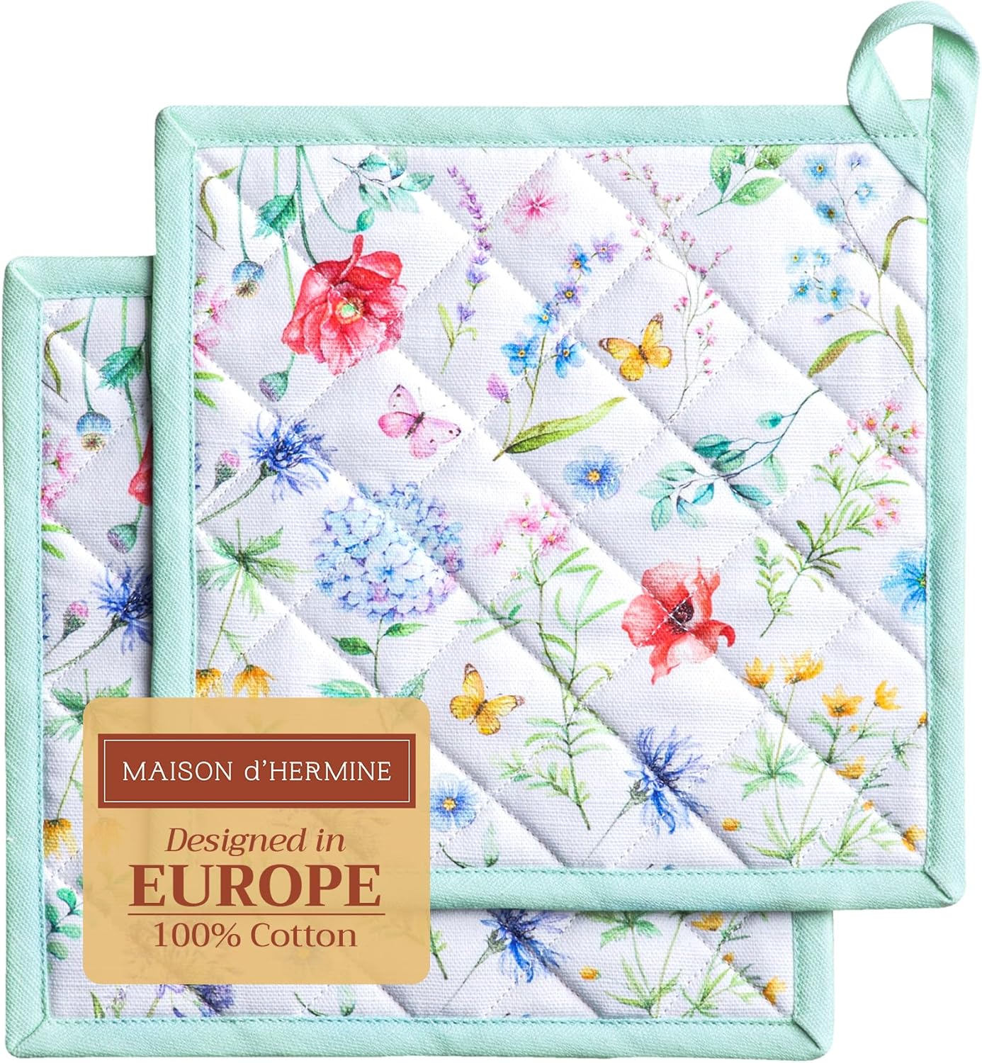 Maison d' Hermine Pot Holders Set 100% Cotton Heat Resistant Potholders 8" x 8" Hot Pads with Loop BBQ, Cooking, Baking, Grilling, Kitchen, Handling Hot Pans Spring/Summer (Pack of 2, Just Floral)