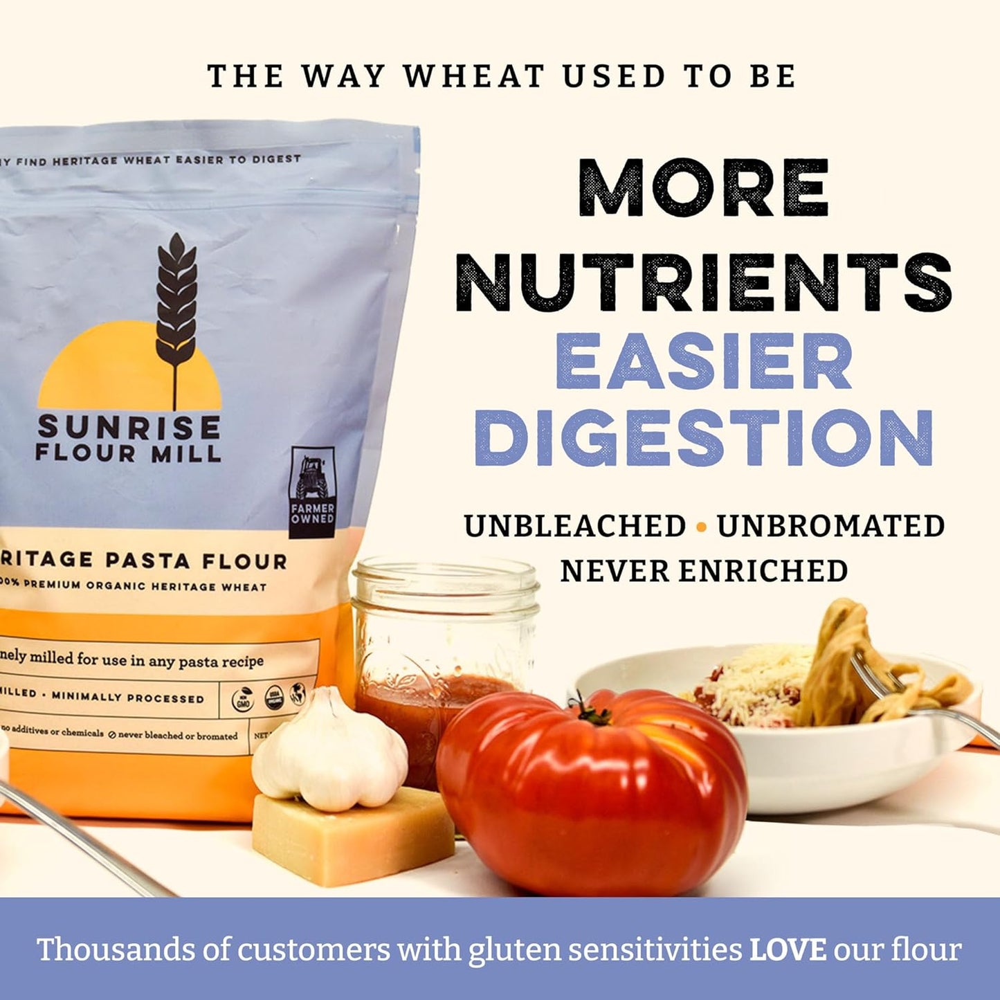 Sunrise Flour Mill USDA Organic Heritage Pasta Flour - 5 lbs | Milled from Hard Red Wheat | Easier to Digest with Less Bloating | No Bleaching or Bromating | Zero Additives