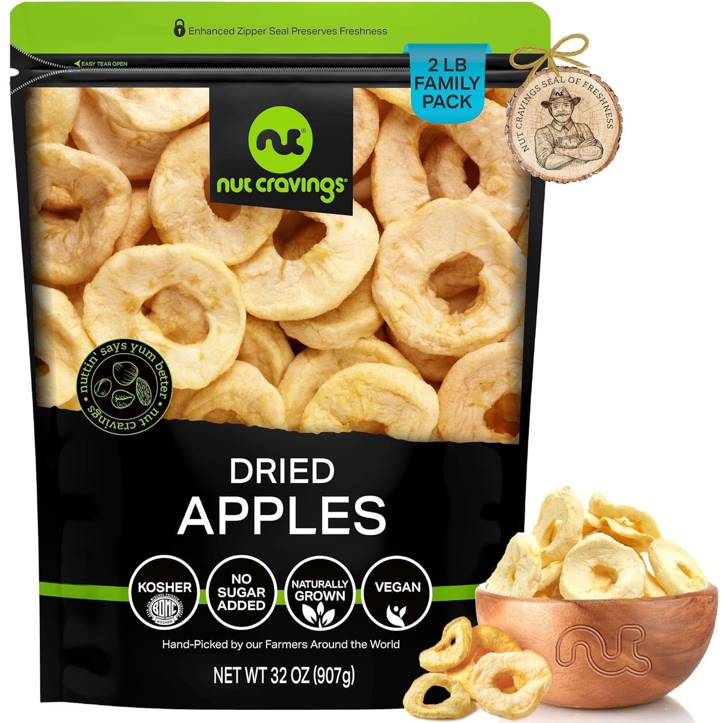 NUT CRAVINGS - Dried Apple Rings Slices, No Sugar Added - Chewy Soft Texture (32oz, 2 LB) Bulk Dry Fruits Packed Fresh in Resealable Bag - Sweet Healthy Snack, Naturally Grown, Vegan, Kosher