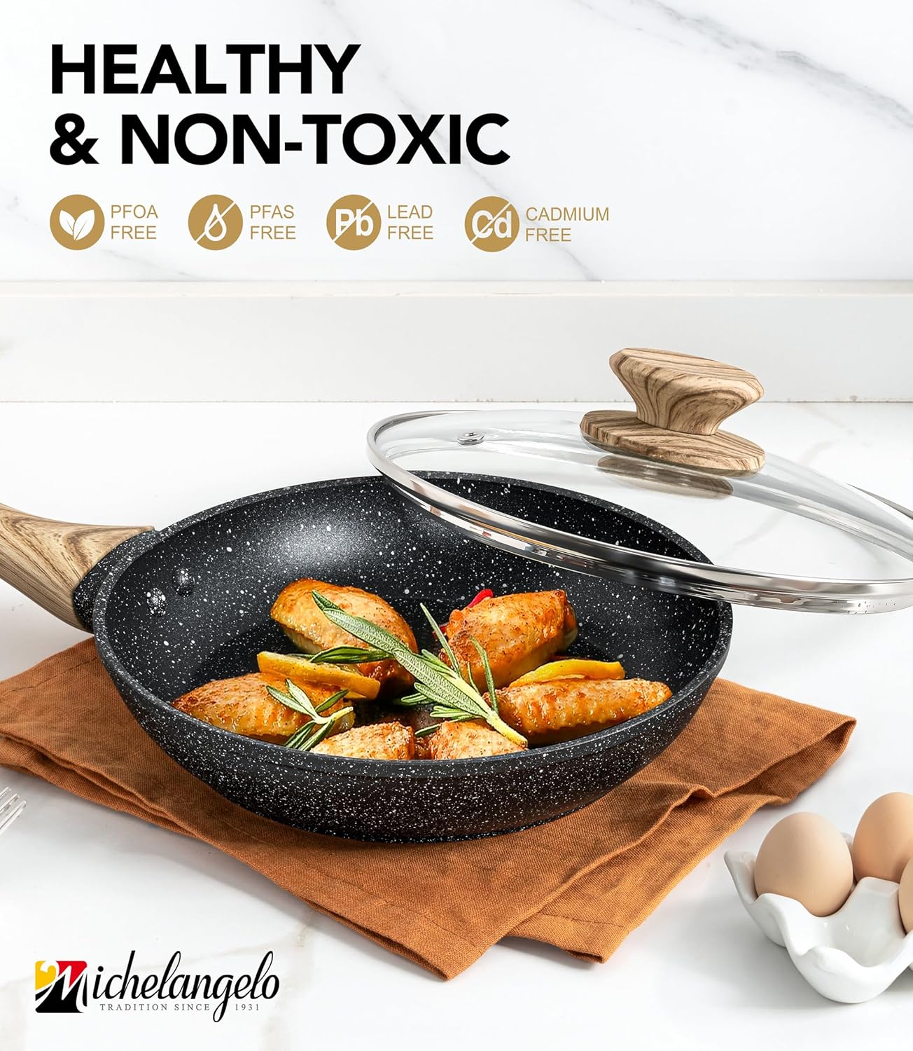 MICHELANGELO Non Stick Frying Pans - 12 Inch Nonstick Frying Pan with Glass Lid, Large Stone Fry Pan with Ergonomic Handle, Induction Compatible, Black