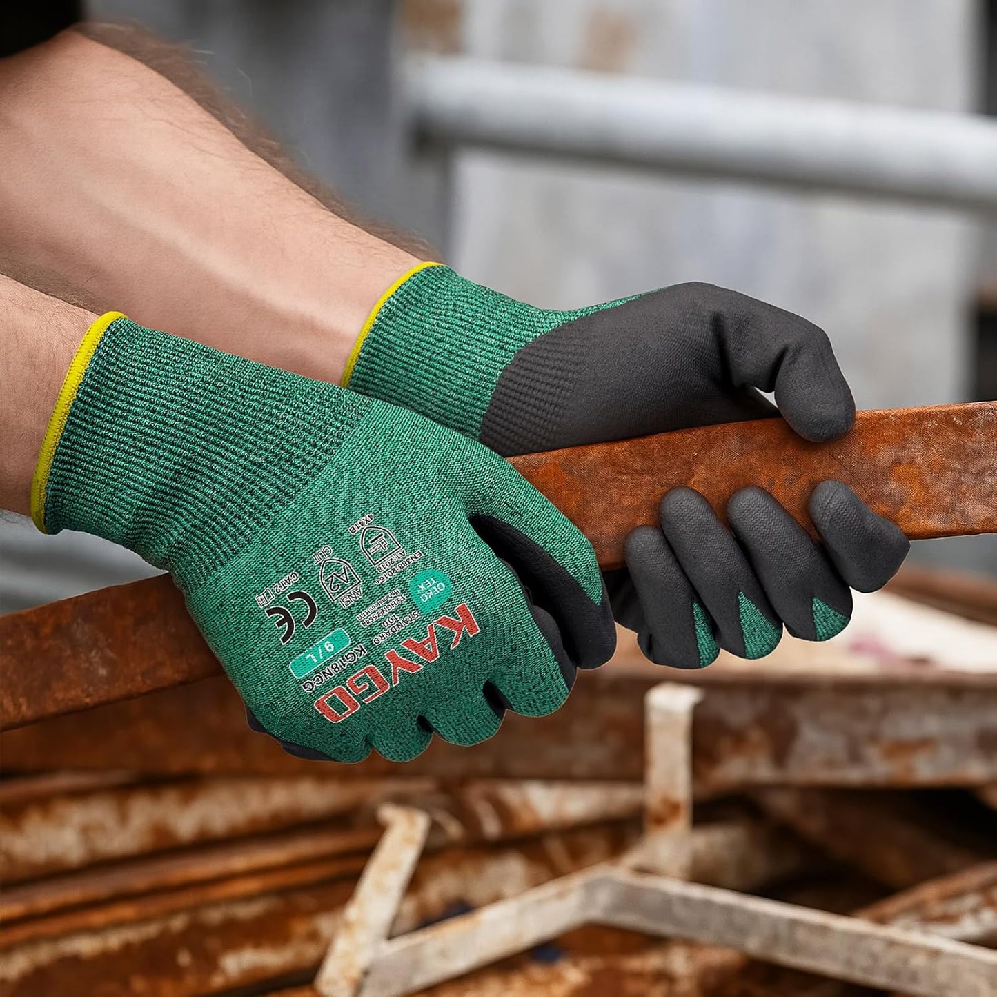 KAYGO Safety Work Gloves MicroFoam Nitrile Coated, 3 Pairs KG18N, Cut Resistant Glove with Abrasion and Oil Resistant Grip, ANSI Cut Level A2, XL, Green