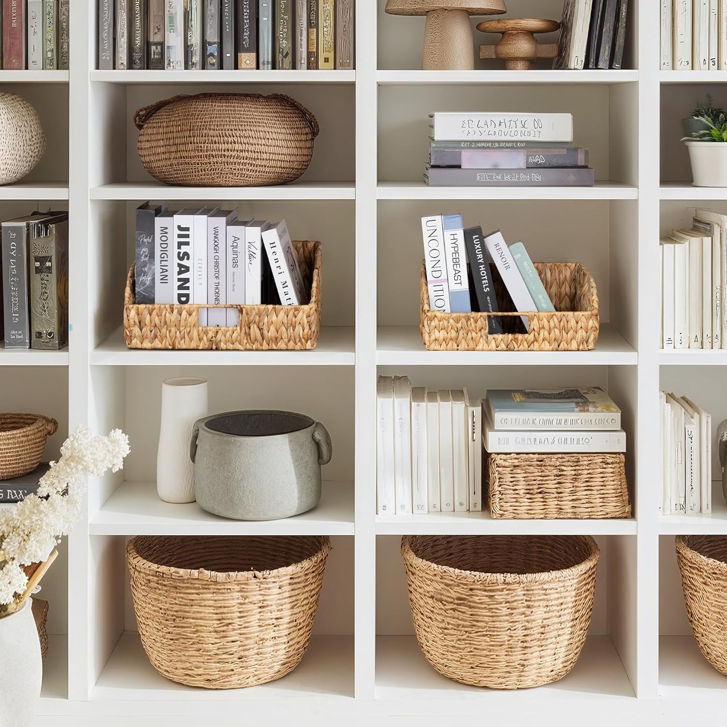 StorageWorks Pantry Baskets for Organizing, Water Hyacinth Baskets for shelves with Built-in Handles, Pantry Organizers and Storage, Set of 2 (Large and Medium)