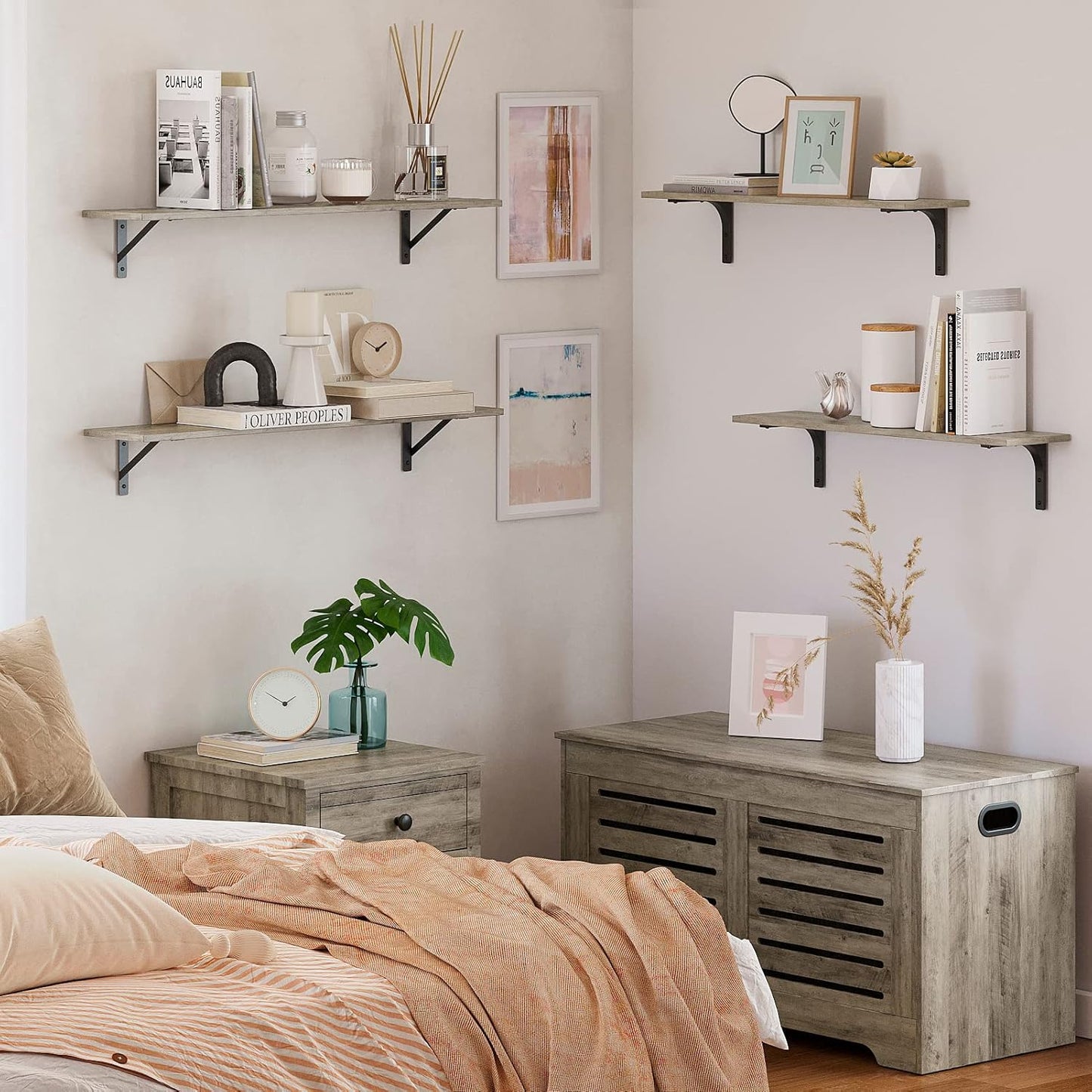 DINZI LVJ Long Wall Shelves, 23.6 Inch Wall Mounted Shelves Set of 2, Easy-to-Install, Wall Storage Ledges with Sturdy Metal Brackets for Living Room, Bathroom, Bedroom, Kitchen, Gray Wash