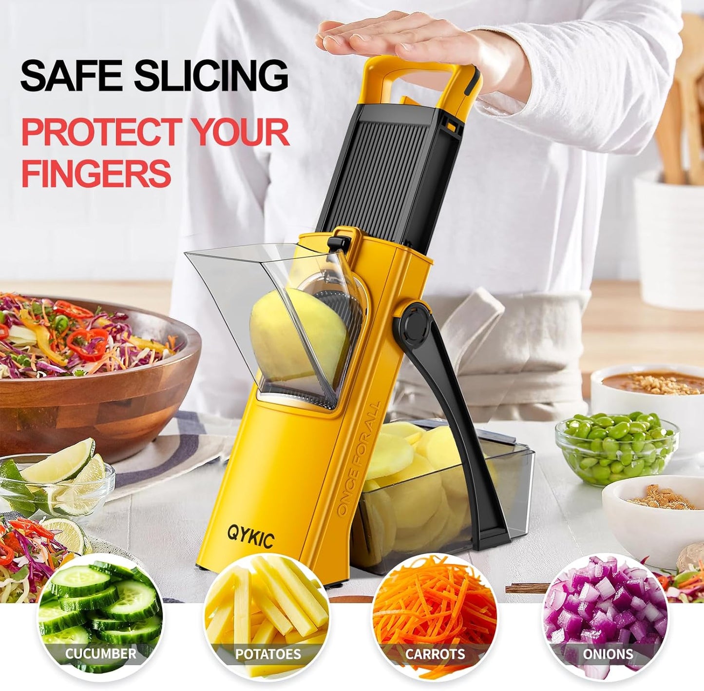 Safe Mandoline Food Slicer for Kitchen, Multifunctional Vegetable Chopper, Mandoline Potato Slicer with 35+ Presets & Thickness Adjuster, French Fry Cutter, Veggie Dicer for Meal Prep (Yellow)