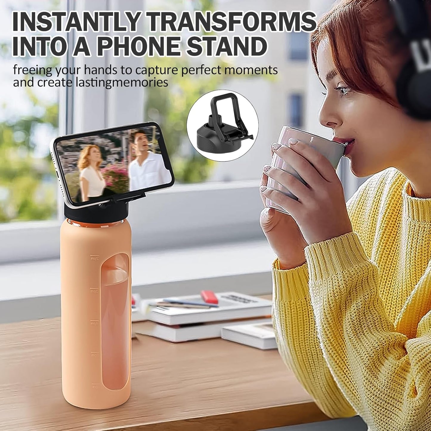 Glass Water Bottle with Straw, 24oz Glass Drinking Bottle with 2 Lids-Bamboo and Spout Lid with Phone Holder Handle for Gym Sports,with Silicone Sleeve and Time Marker,Amber