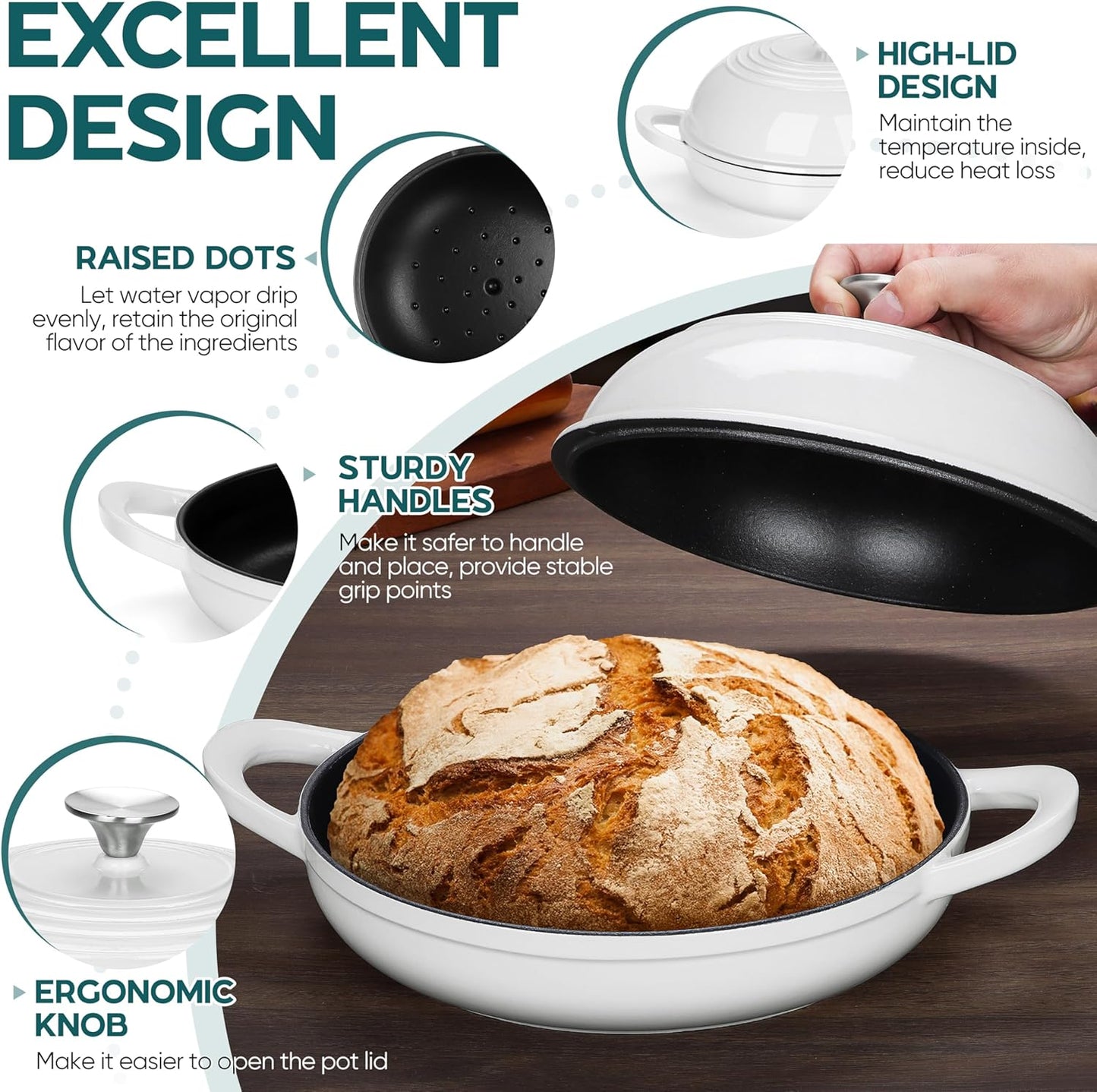 E-far Dutch Oven for Sourdough Bread Baking, 6 Qt Round Enameled Cast Iron Dutch Oven for Homemade Artisan Bread, Dome Lid & Shallow Base, Matte Black Interior & Durable, Oven-Safe to 500℉, White