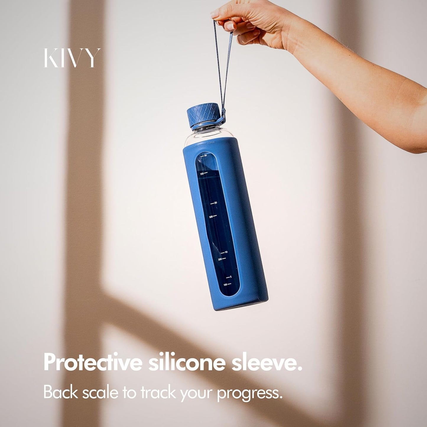 KIVY Glass Water Bottle with Silicone Sleeve 32 oz [WITH MEASUREMENT] - Borosilicate Glass Water Bottle Screw Top - Clear Bottles with Measurement Marking - Slim Waterbottle Aesthetic - Blue