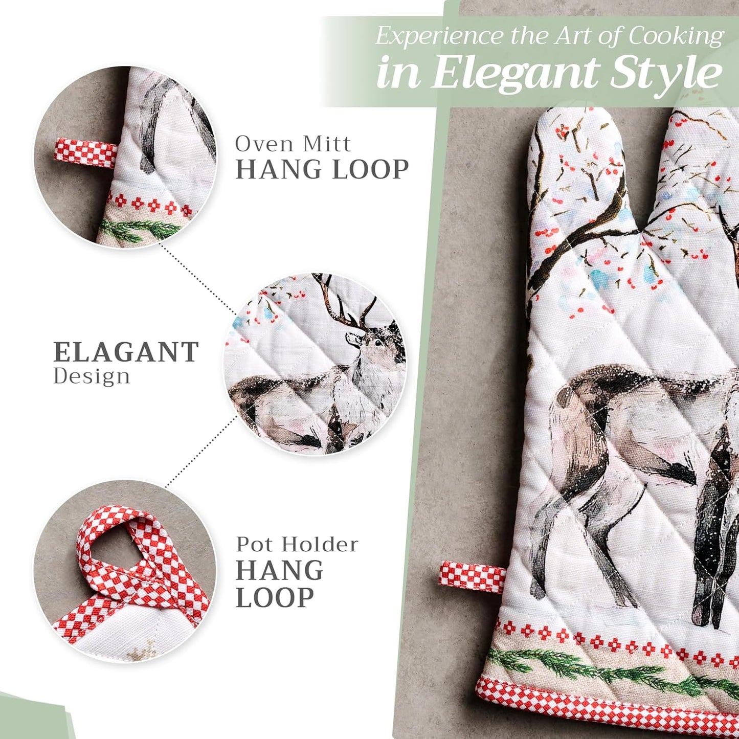 Maison d' Hermine 100% Cotton Oven Mitt & Pot Holder Set (7.5"x13" & 8"x8") Heat Resistant BBQ Cooking Gloves with Loop, Baking, Grilling, Kitchen, Handling Hot Pans (Rural Christmas)