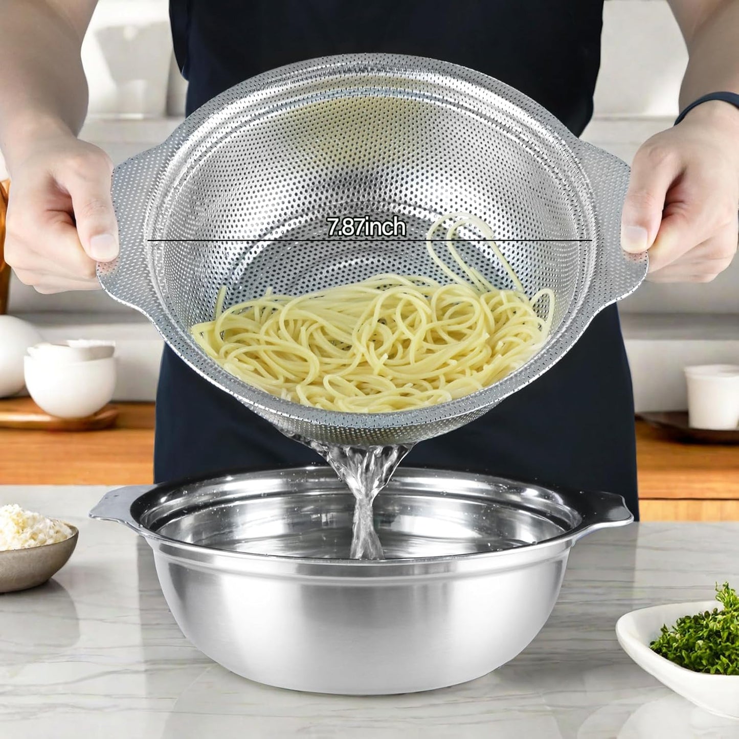 Stainless Steel Colander for Kitchen, 2.5QT Rice Washer Strainer with Mixing Bowl, Colander Bowl Set with Microporous for Washing Rice, Pasta, Spaghetti, Fruits, Dishwasher Safe(2PC)