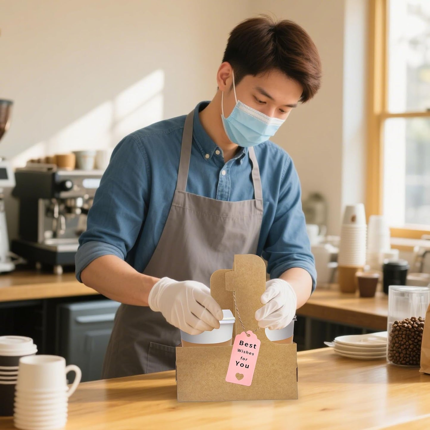 2 Cup Drink Carrier,8 Pack Coffee Cup Holders with Handle,Cardboard Cup Holders for Hot or Cold Drinks,Coffee Carrier with Ribbon and Card,Food Delivery Services and Bouquet(Kraft)