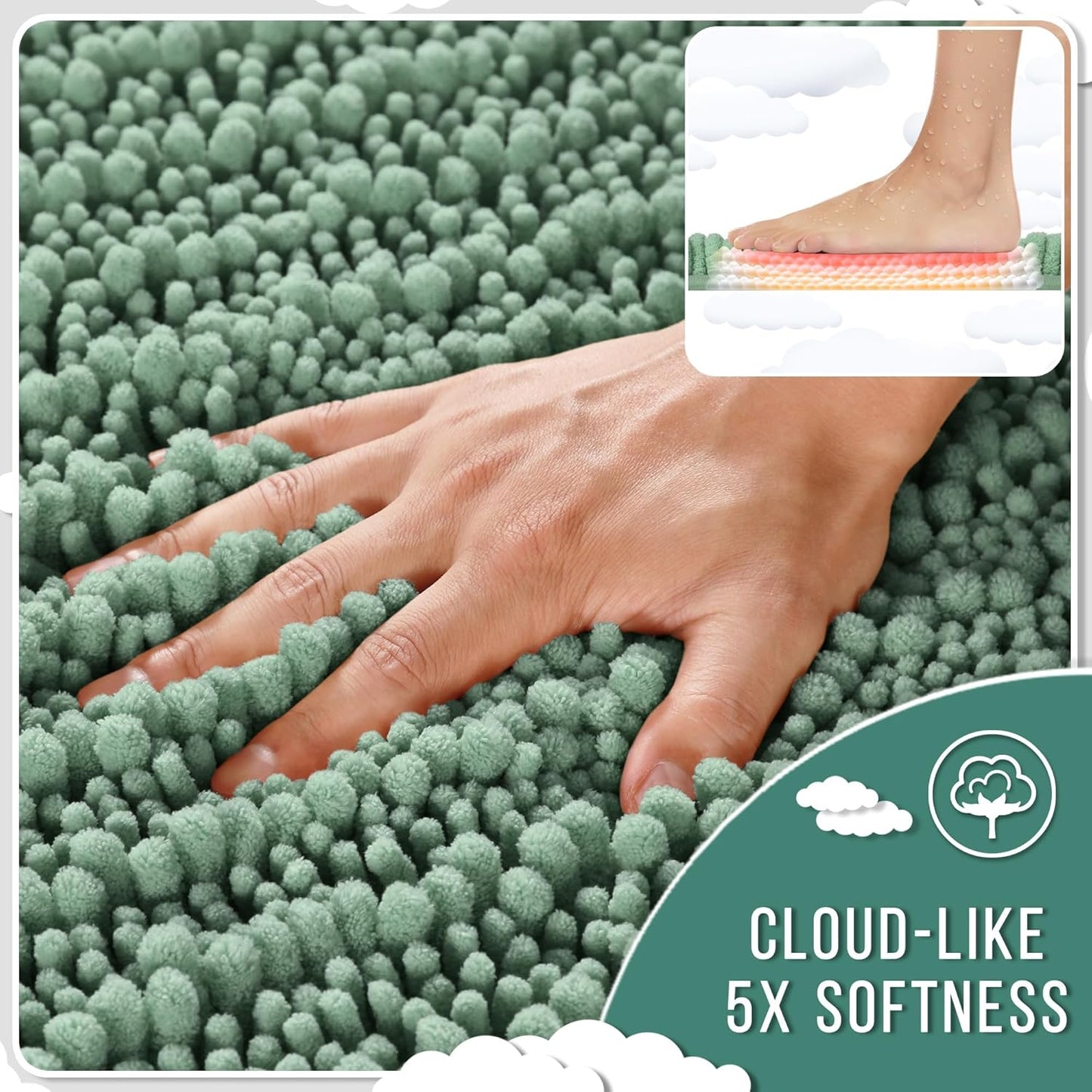 Yimobra Bathroom Runner Rug 55x24 Inch - Extra Long Non Slip Chenille Bath Mat, Soft & Absorbent, Machine Washable Shaggy Hallway Carpet for Vanity Tub Shower, Green Home Decor Accessories