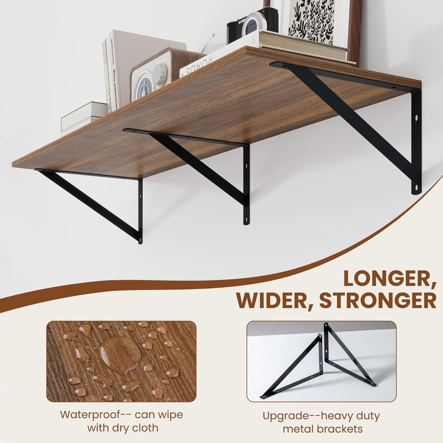 Heimlove 12 Inch Deep Floating Shelves for Wall, 36W x 12D Wood Wall Shelves Set of 2, Walnut Wide Floating Bookshelf for Living Room, Kitchen, Office, Bedroom, with Black Metal Bracke - Walnut