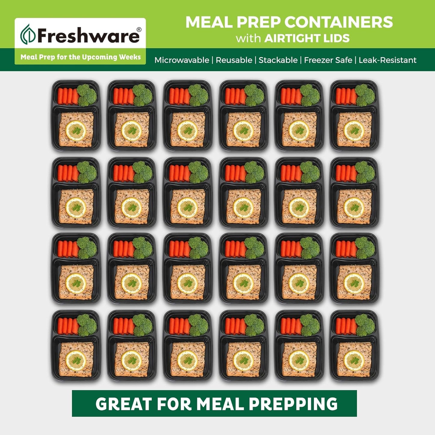 Freshware Meal Prep Containers [50 Count ] 2 Compartment with Lids, Food Storage Containers, Bento Box, BPA Free, Stackable, Microwave/Dishwasher/Freezer Safe (28 oz)