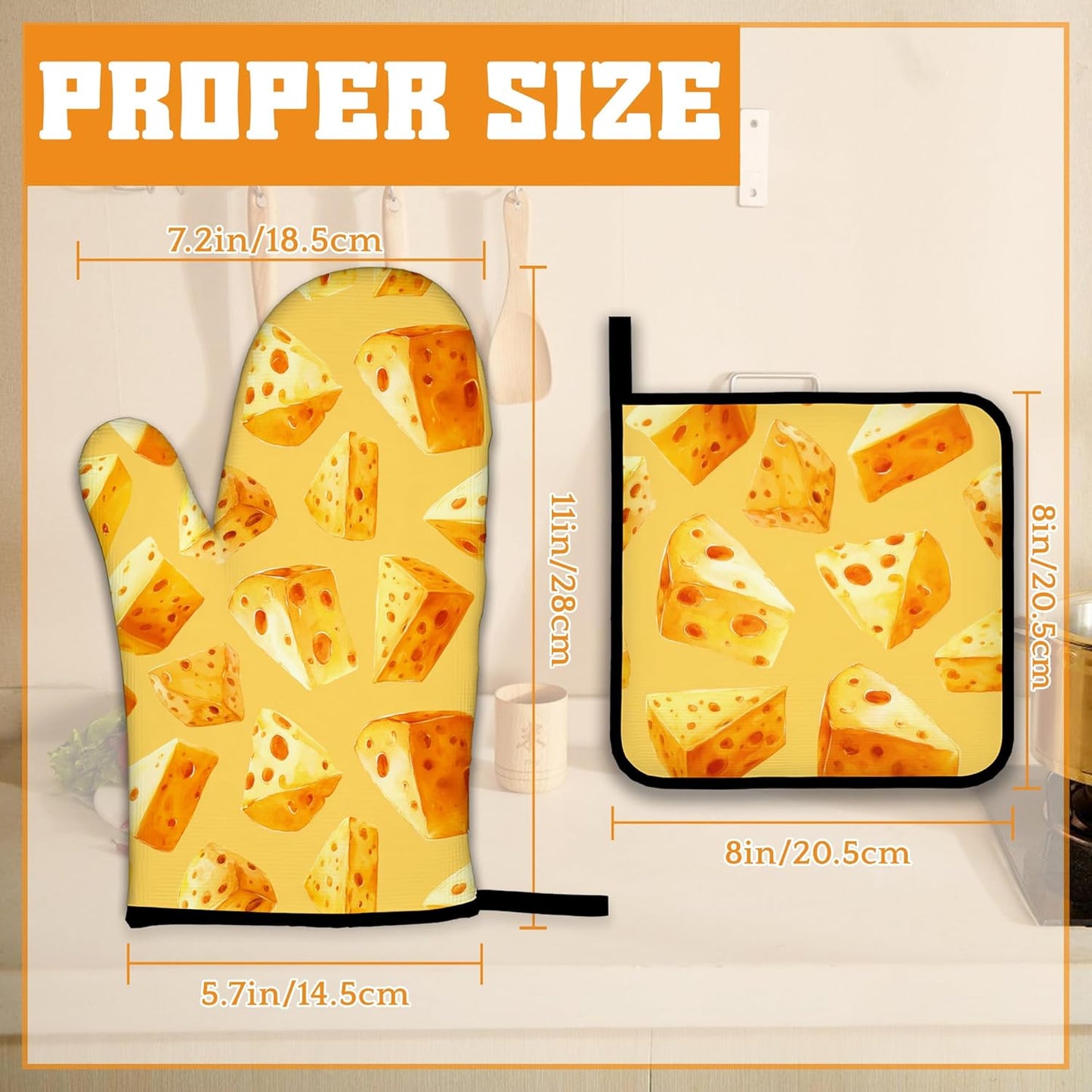 Cute Cheese Oven Mitts and Pot Holders Set,Kitchen Oven Gloves and Pot Holder with Heat Resistant Non Slip for Cooking Baking Grilling(4 Piece Set)