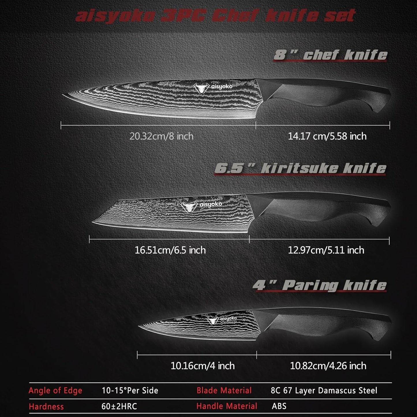 8C Damascus Knife Set - 3PC Chef's Knife, Kitchen and Paring Knives, High Carbon Stainless Steel, Ergonomic Full Tang ABS Anti-Skid Handle