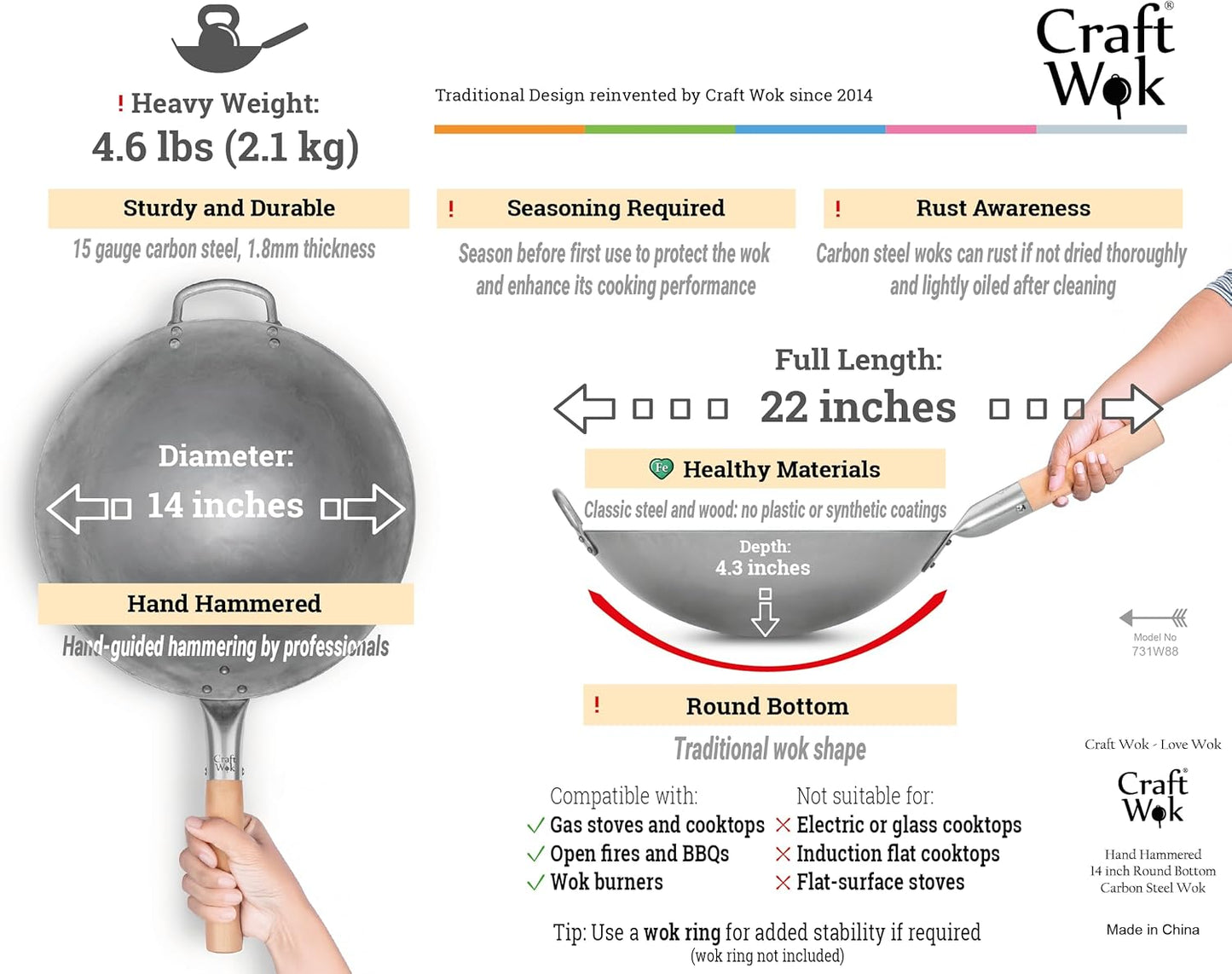 Craft Wok Traditional Hand Hammered Chinese Carbon Steel Wok with Wooden and Steel Helper Handle (14 Inch, Round Bottom Pow Wok Pan) / 731W88