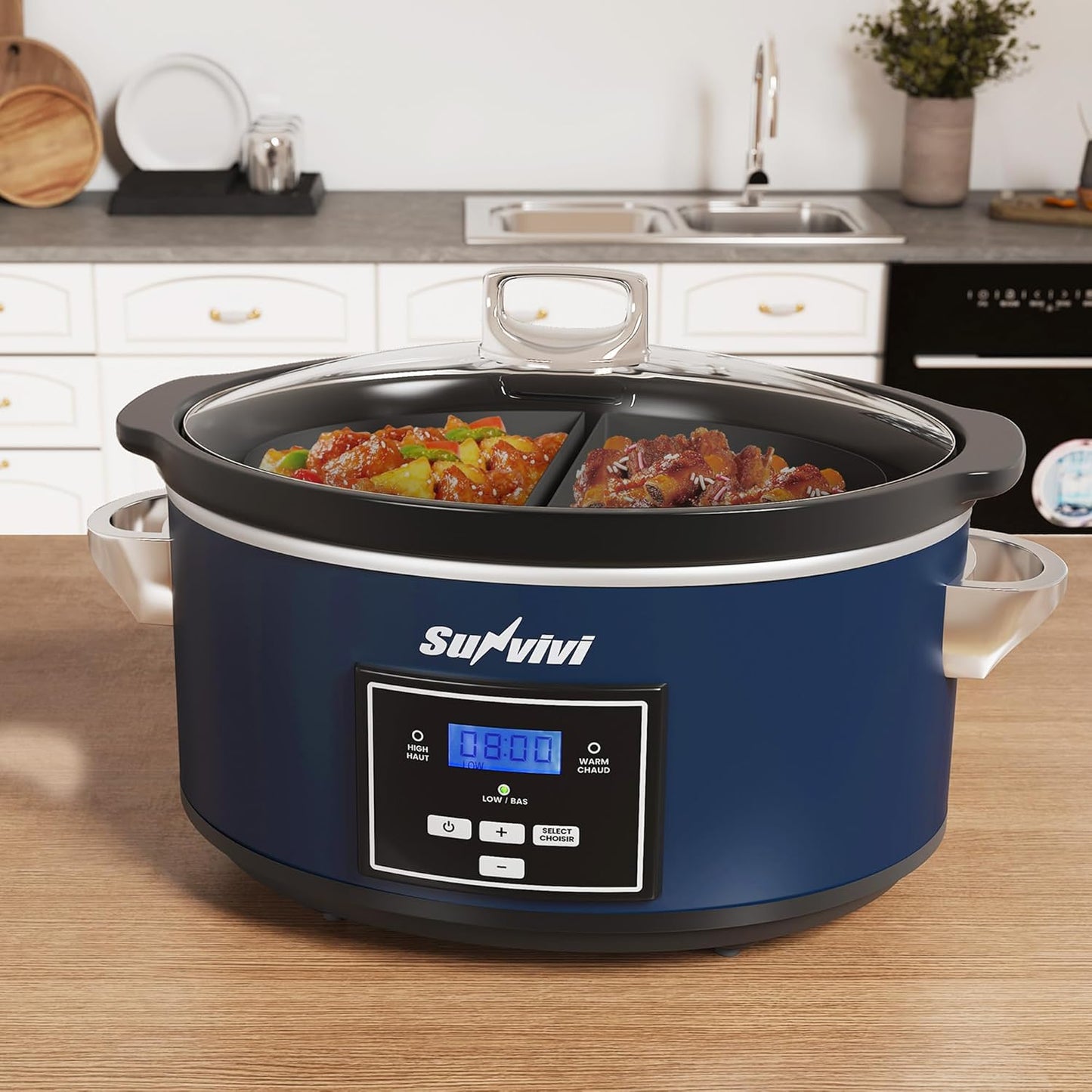Sunvivi 6 Quart Programmable Slow Cooker with 2 in 1 Silicone Liners, Multi-Cooker Food Warmer with Digital Timer, Adjustable Tempature Control, Dishwasher Safe Parts, Blue