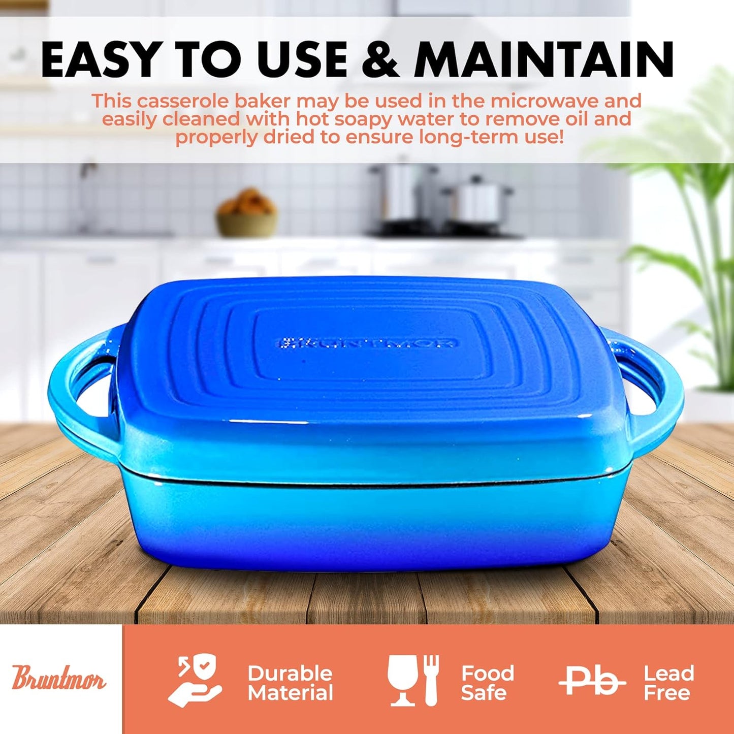 Bruntmor 2-in-1 Pre-Seasoned Square Cast Iron Dutch Oven with Dual Handles, Non Stick Pan with Grill, All-in-One Cookware Set, Cast Iron Casserole Dish with Lid for Braising Dishes,Caribbean Blue