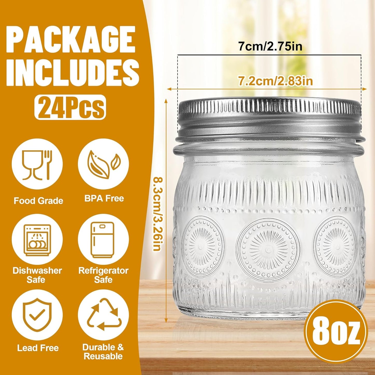 8 oz Mason Jars with Regular Airtight Lids - 24 Pack Small Mason Jars for Jam, Honey, Baby Foods, Overnight Oats, Spices, Herbs, Salads, Candles, Dessert, Party Favors, Half Pint Size Canning Jar