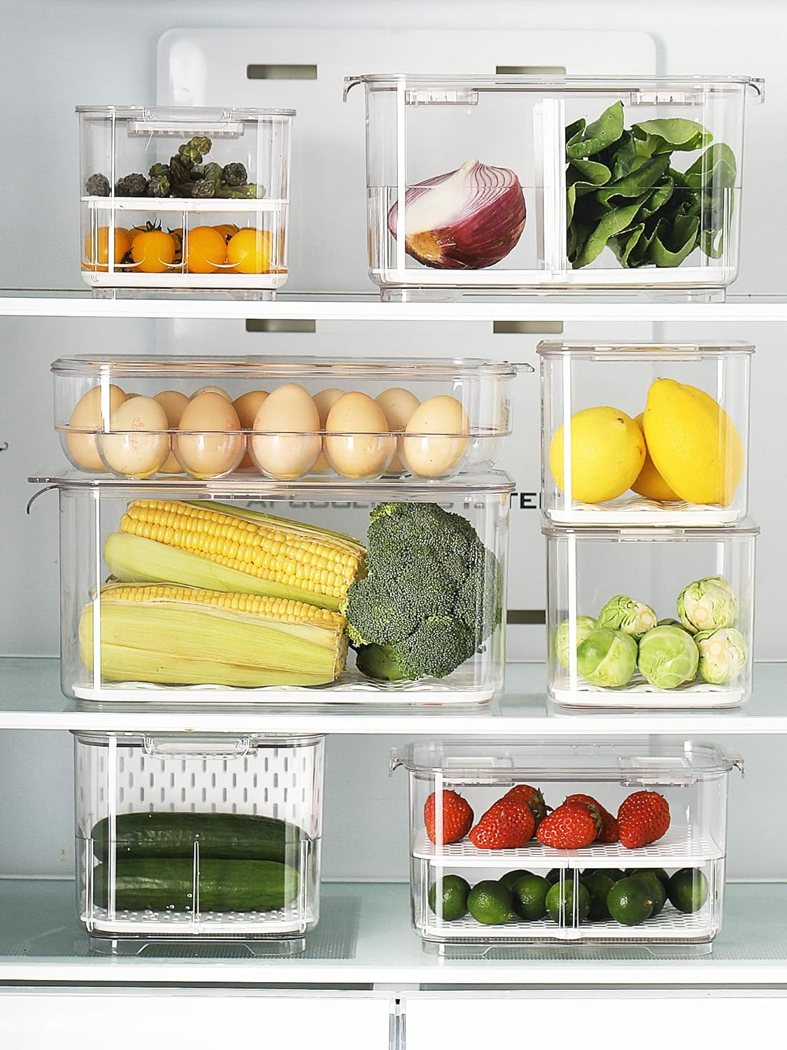 vacane Fresh Produce Saver for Refrigerator, 3 Pcs Food Fruit Lettuce Keeper Containers, Salad Vegetable Storage Organizers Stackable, BPA-free Stay Fridge Storage Containers