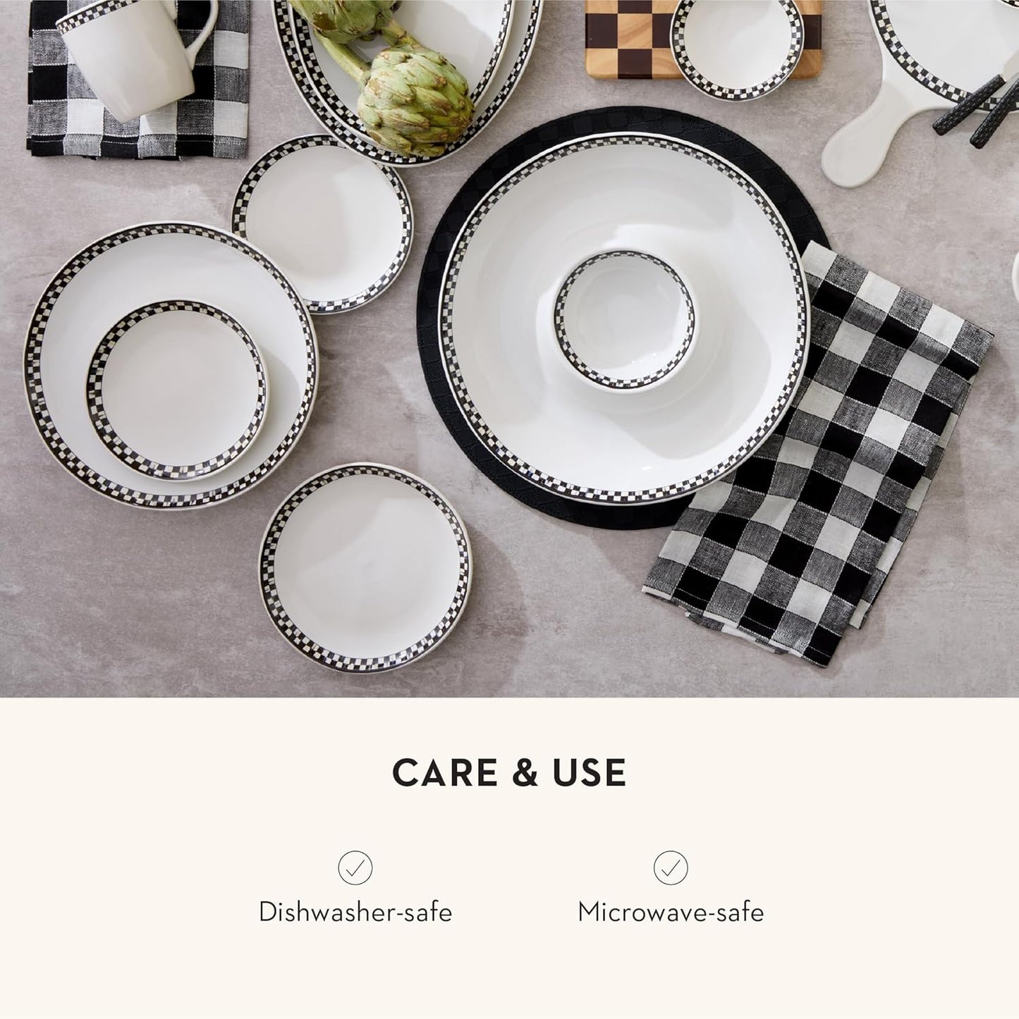 MACKENZIE-CHILDS Set of 4 Everyday Pasta Bowls, Microwave-Safe and Dishwasher-Safe Stoneware Bowls, Black-and-White Courtly Check