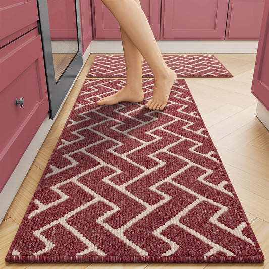 hicorfe Kitchen Rugs and Mats Sets,Non-Slip 2 Pieces Absorbent 100% Polypropylene Rug,Comfort Kitchen Runner Mat,Washable for Kitchen,Sink,Laundry(20" x 31.5" Plus 20" x 59",Red)