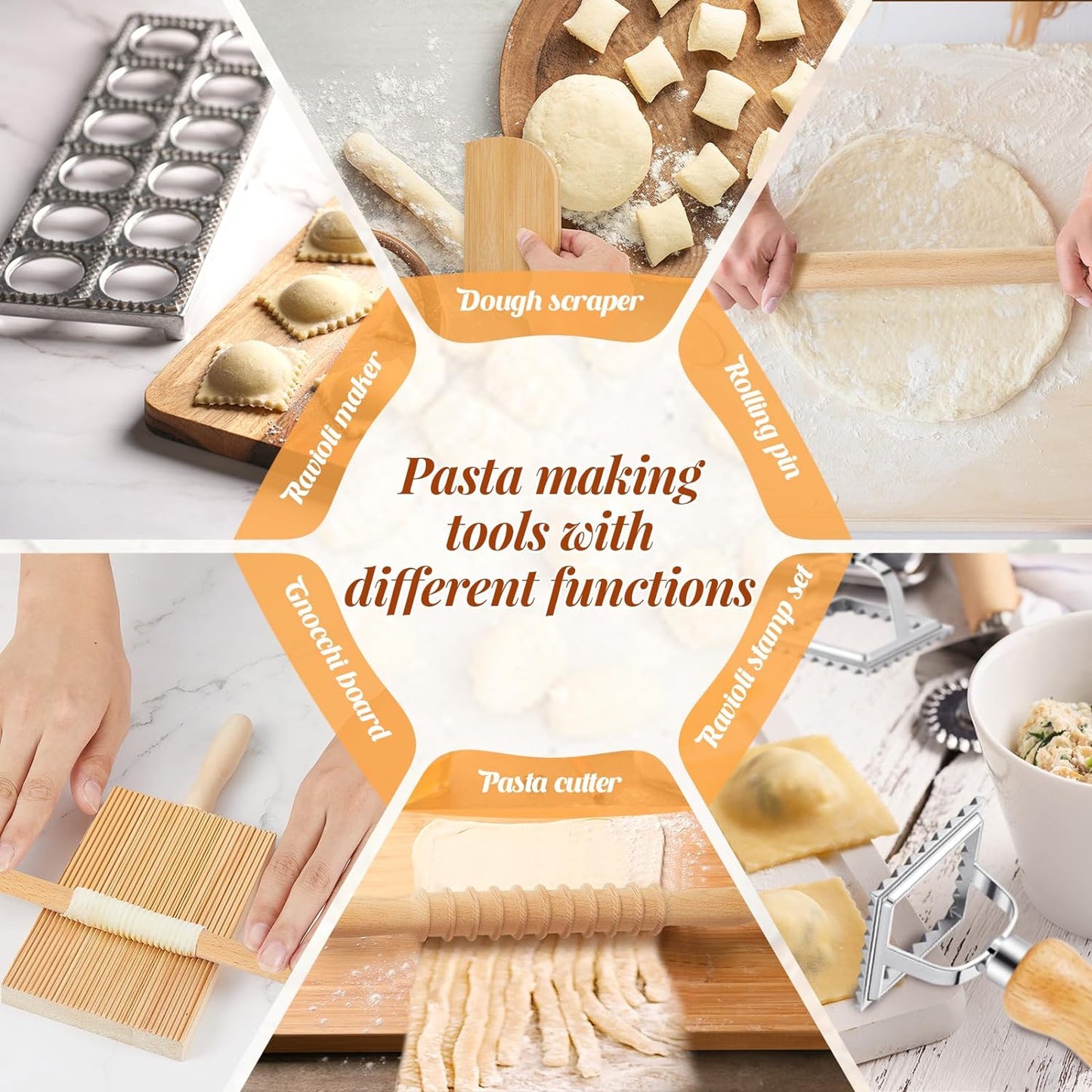 Tioncy 9 Pcs Pasta Making Tool Ravioli Gnocchi Maker Set Include Ravioli Mold Wooden Cutter Rolling Pin Gnocchi Board Wood Stick Dough Scraper Pasta Stamps(Simple Style)