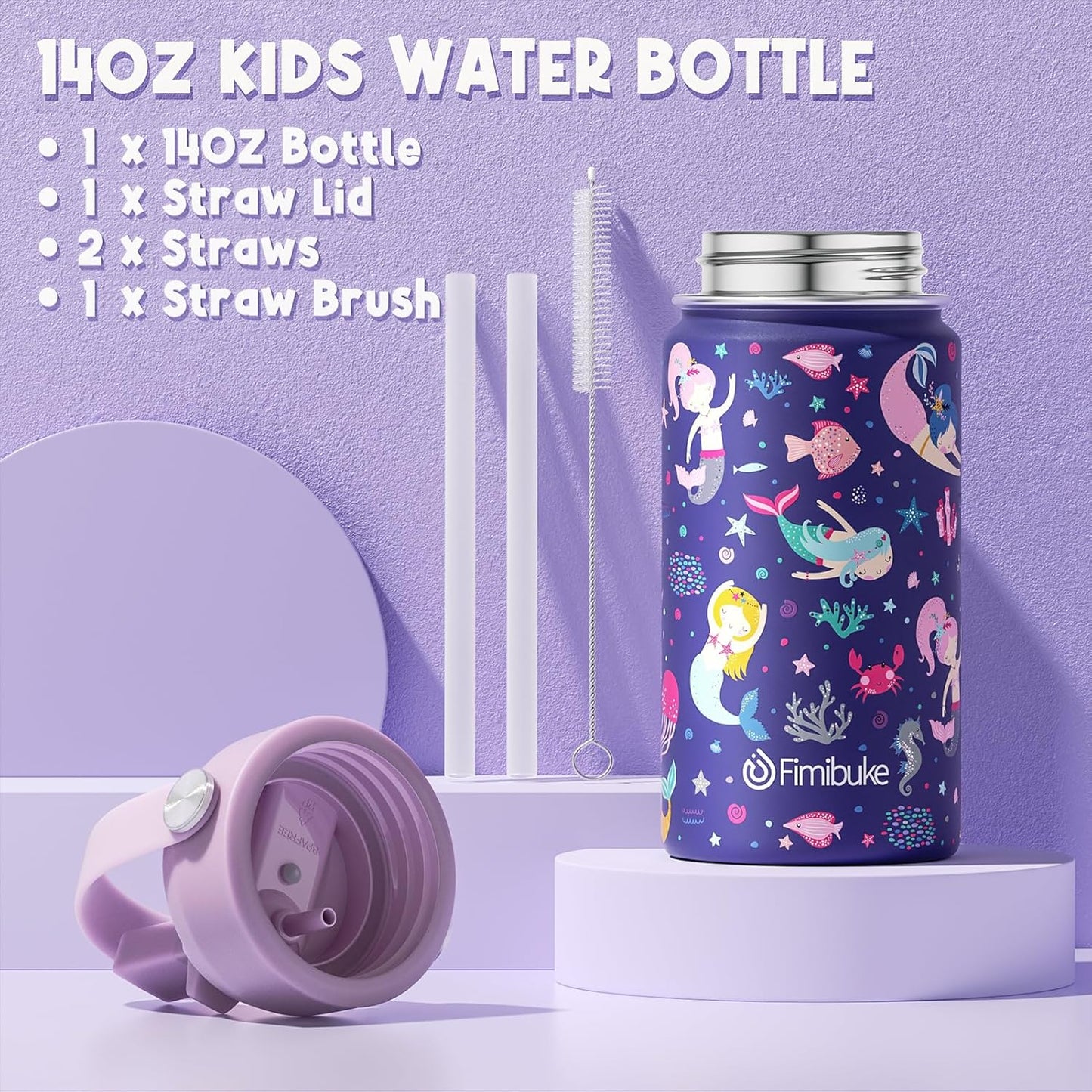 Fimibuke Kids Bento Lunch Box with 4 Compartments, Insulated lunch Bag, Stainless Steel Insulated Water Bottle, Ice Pack & Utensils Set, Birthday Gifts for Ages 3-12 Back to School Toddler Girls Boys