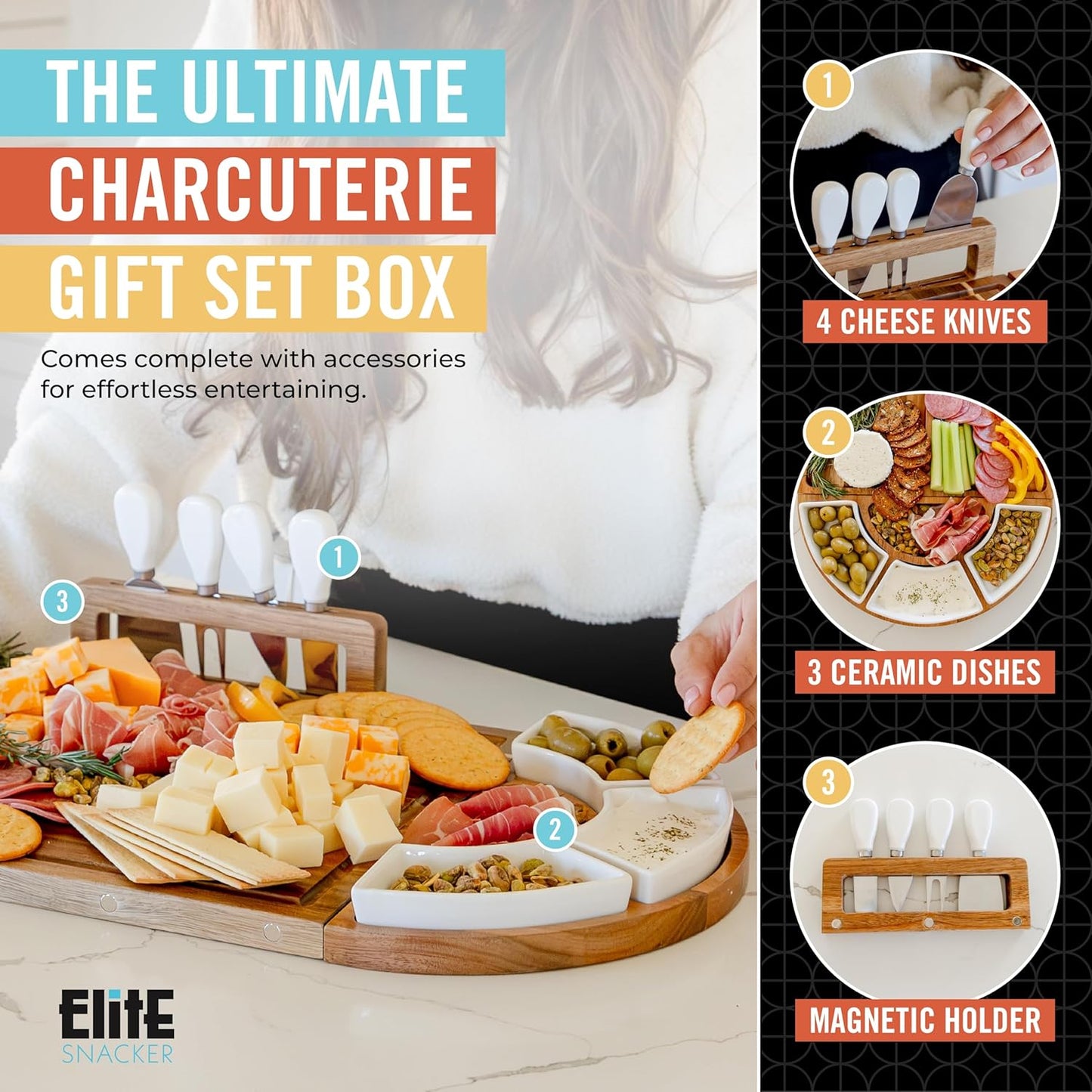 Large Wooden Charcuterie Board Set (Oil Finish) - 3-Piece Magnetic Long Serving Board Tray with Charcuterie Accessories - Acacia Wood Cheese Platter with Cheese Knife Set & Ceramic Dishes - Brown