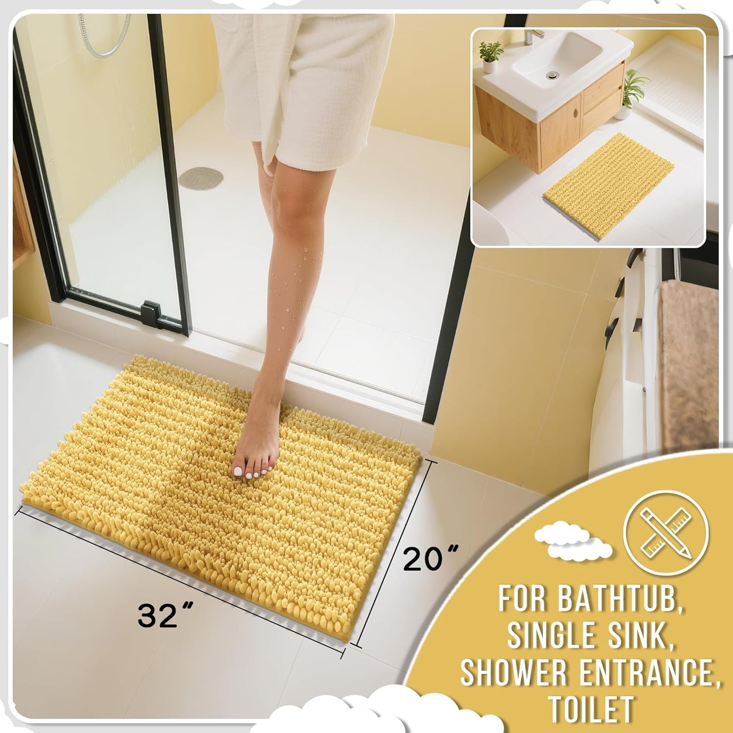 Yimobra Bathroom Rugs Non Slip Washable 32x20 Inch - Ultra Soft Absorbent Chenille Bath Mat, Quick Dry Shaggy Floor Carpet for Tub Shower, Yellow Home Decor Accessories