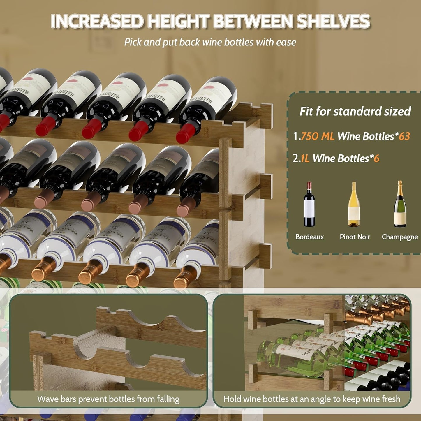 Wine Rack Freestanding Floor, Bamboo 8-Tier 69 Wine Bottle Holder Racks Countertop Cabinet Display, Wooden Stackable Modular Wine Storage Organizer Shelves for Kitchen Bar Cellar Dining Room Walnut