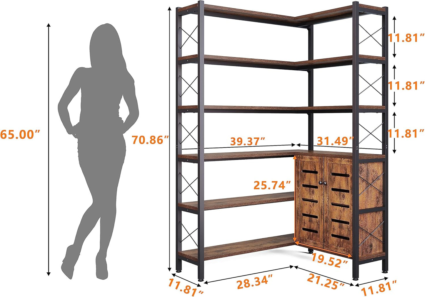 6-Shelf Corner Bookshelf, Vintage Industrial Corner Shelf Etagere Bookcase, Large Book Shelf with Metal Frame Open Storage Corner Cabinet (Brown-Lockers)